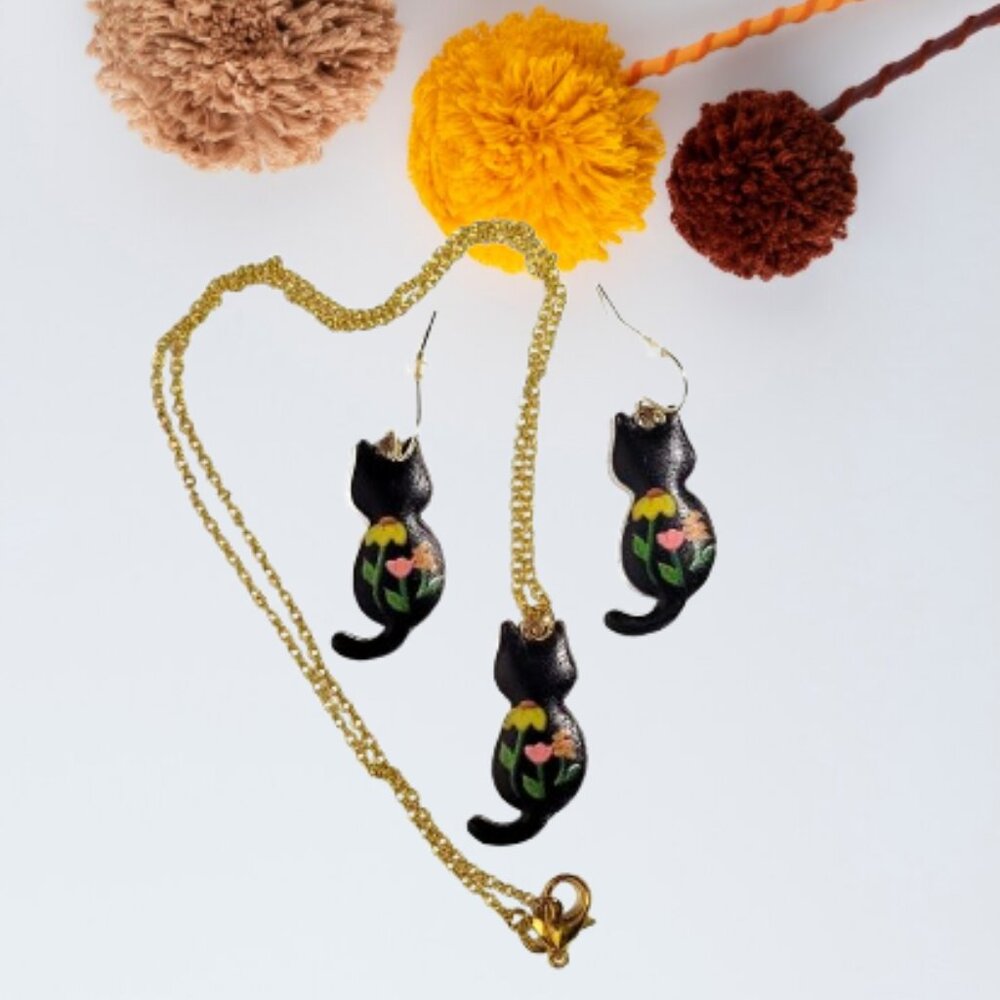 Flower Painted Enamel Kitty Cat Back Necklace & Earrings Set NWT - Picture 4 of 8